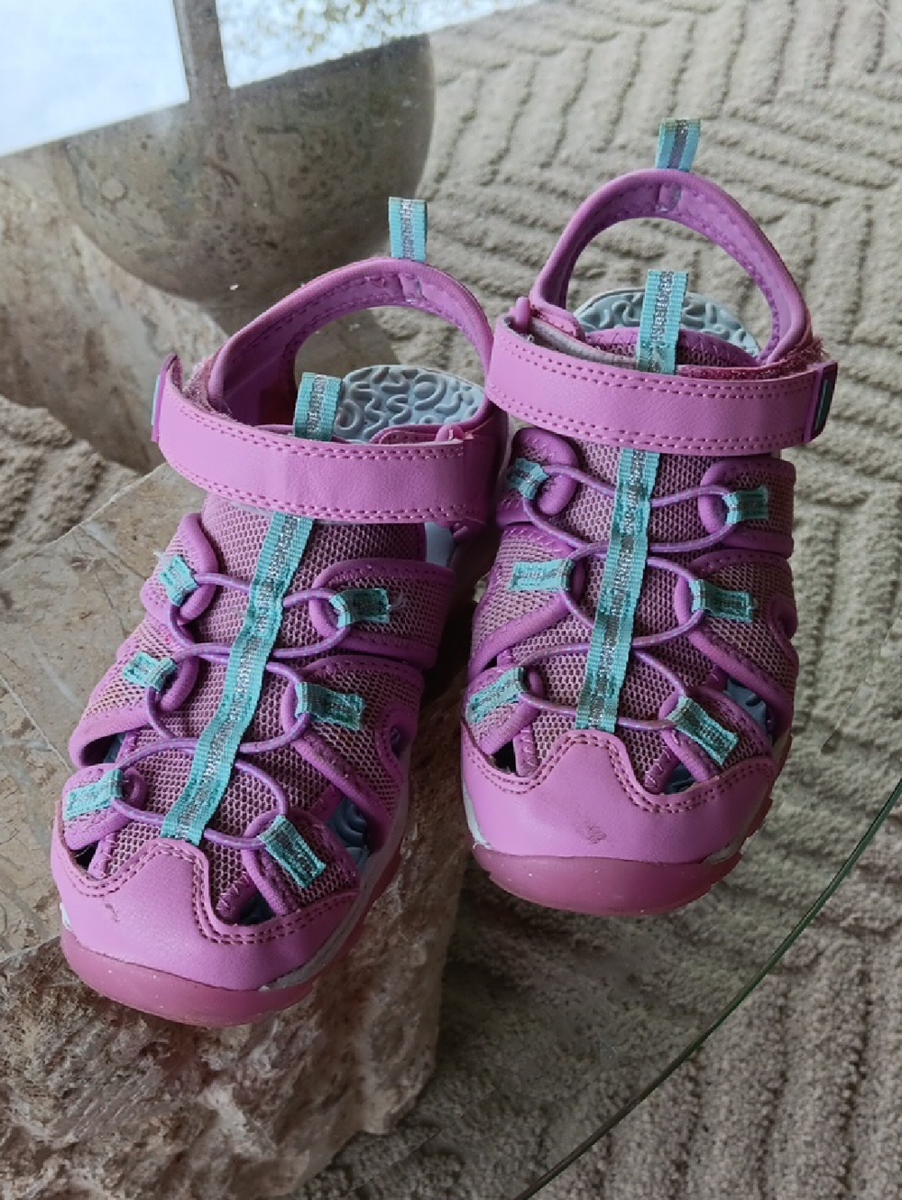 Girl's Pink Kids Outdoor Sandal with Teal Accents Size 2